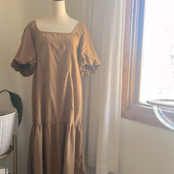 Free People High Low Tobacco Tan Brown Puff Sleeve MIDI Dress size Large - Picture 9 of 15